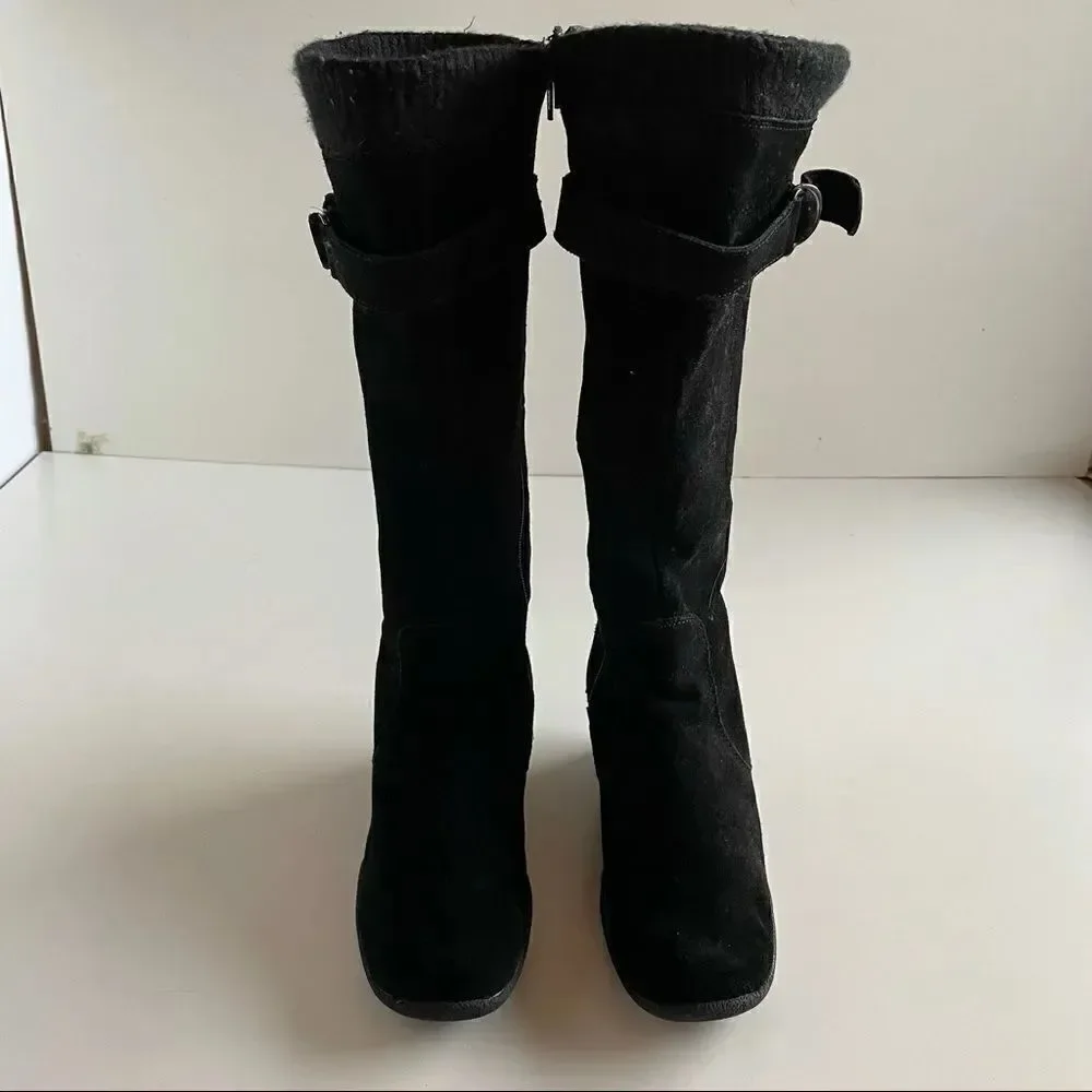 Black suede Sz 8 real leather wedge heel heeled over the knee or knee boots